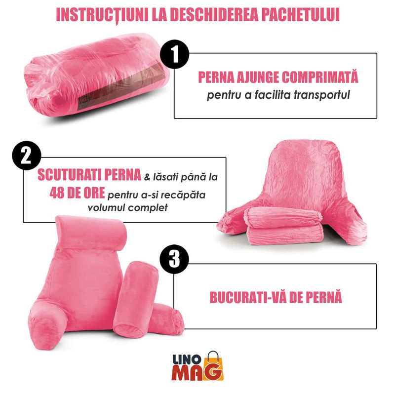 Casa si Gradina - Textile si covoare - Perne si pilote - Perne - Perna pentru Citit cu Cotiere, Suport pentru Cap/Gat Detasabil, Linomag®, 2 x Buzunare Laterale, Roz, 91.5x75cm - Infinity.ro