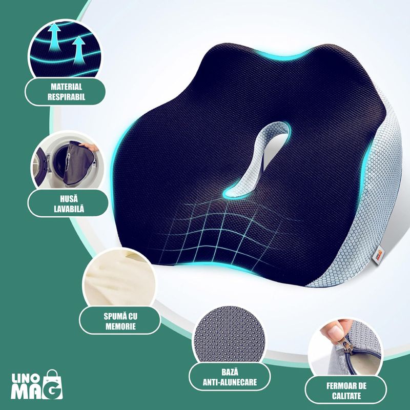 Casa si Gradina - Textile si covoare - Perne si pilote - Perne - Perna Ortopedica sezut Linomag® pentru birou/masina, spuma memorie, suport coccis, Albastru inchis - Infinity.ro