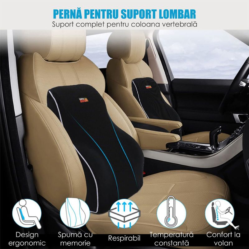 Casa si Gradina - Textile si covoare - Perne si pilote - Perne - Perna lombara completa Linomag, Suport lombar pentru scaun de birou sau masina, Spuma cu memorie, Negru, 44 x 40 x 13cm - Infinity.ro