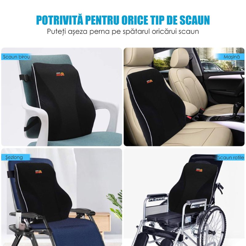 Casa si Gradina - Textile si covoare - Perne si pilote - Perne - Perna lombara completa Linomag, Suport lombar pentru scaun de birou sau masina, Spuma cu memorie, Negru, 44 x 40 x 13cm - Infinity.ro
