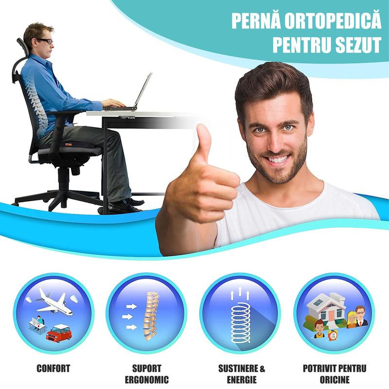 Casa si Gradina - Textile si covoare - Perne si pilote - Perne - Perna Ortopedica pentru sezut Linomag® pentru scaun de birou si masina, Suport pentru coccis, Spuma cu memorie - Infinity.ro