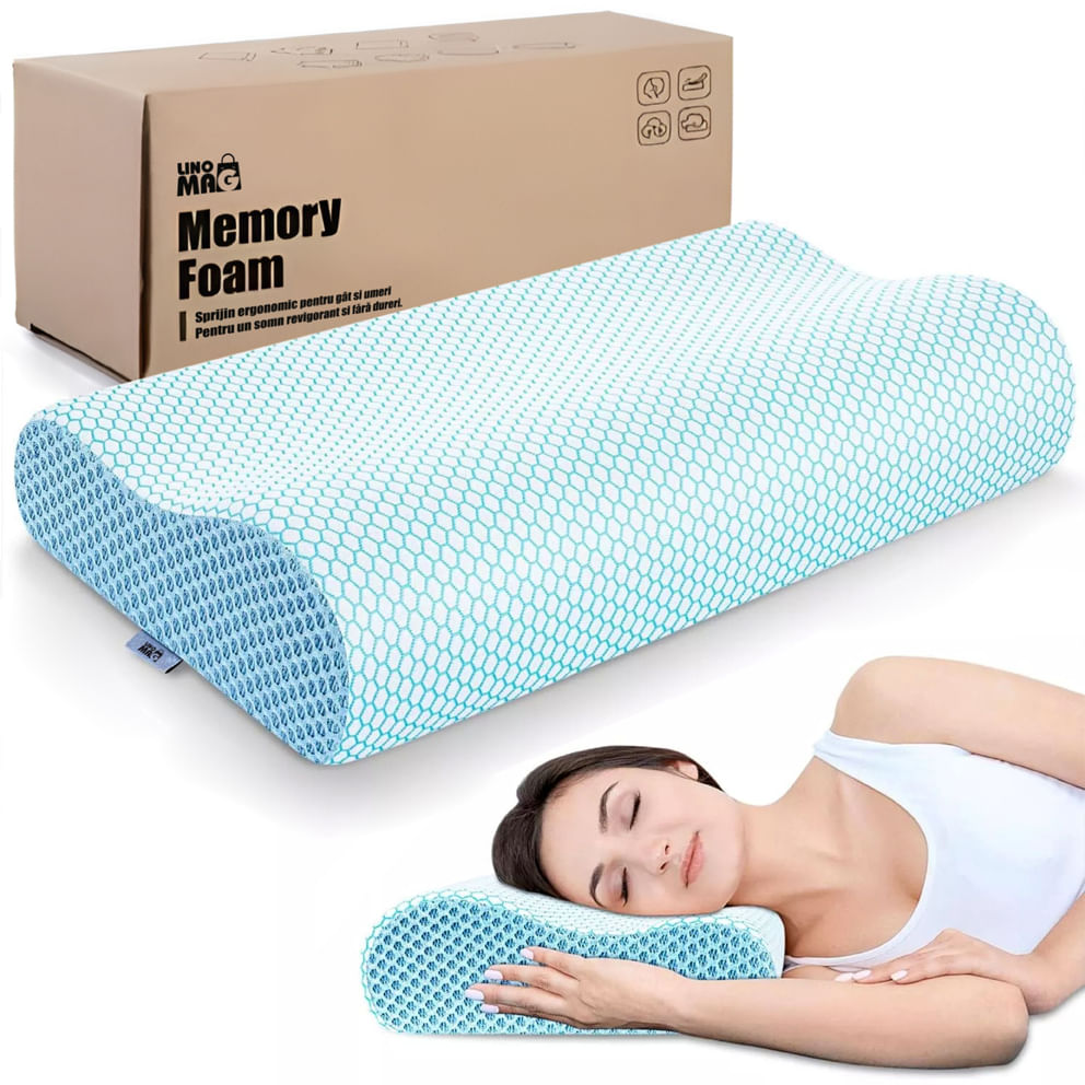 Perna Ortopedica din Spuma cu Memorie, Linomag®, Design Ergonomic pentru Suport Cervical, Husa lavabila, 60x35 cm