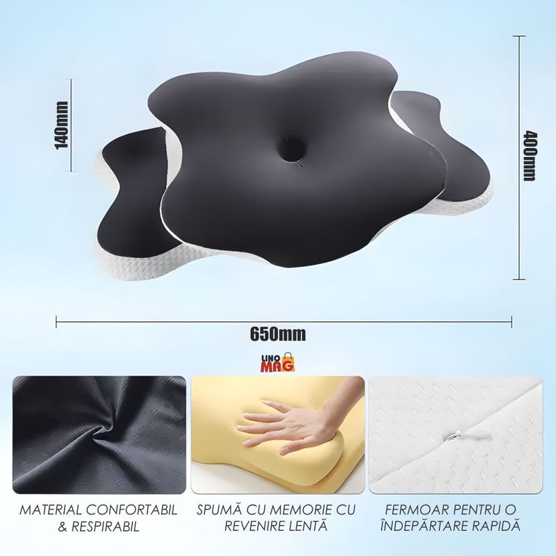 Casa si Gradina - Textile si covoare - Perne si pilote - Perne - Perna Ortopedica Cervicala pentru dormit Linomag®, Spuma cu Memorie, Husa lavabila, Alb/Negru, 65 x 40 x 14 cm - Infinity.ro