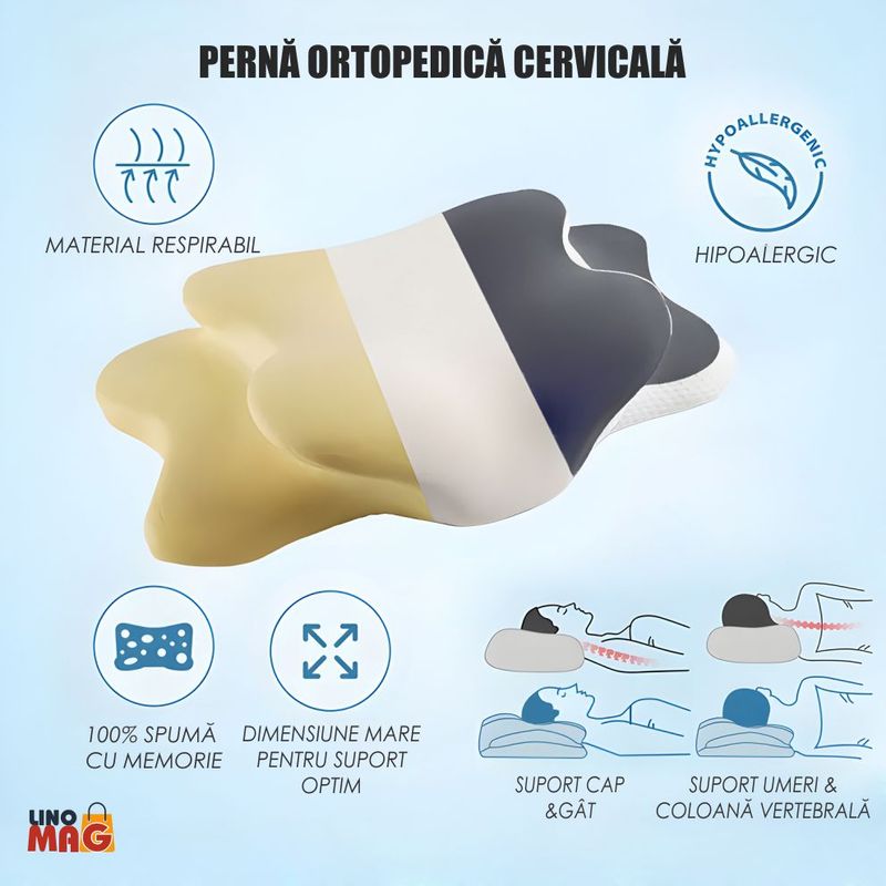 Casa si Gradina - Textile si covoare - Perne si pilote - Perne - Perna Ortopedica Cervicala pentru dormit Linomag®, Spuma cu Memorie, Husa lavabila, Alb/Negru, 65 x 40 x 14 cm - Infinity.ro