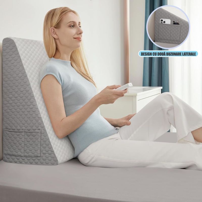 Casa si Gradina - Textile si covoare - Perne si pilote - Perne - Perna Suport cu Plan Inclinat din Spuma cu Memorie, Linomag®, Multifunctionala, Lavabila, Alb/Gri carbon, 61x61x25.5cm - Infinity.ro