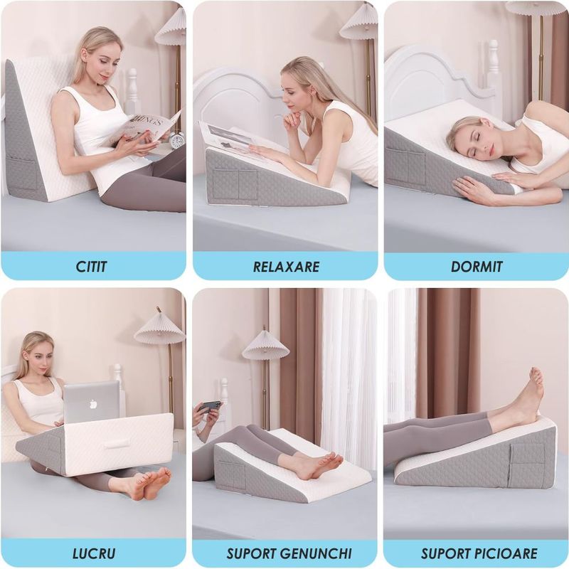 Casa si Gradina - Textile si covoare - Perne si pilote - Perne - Perna Suport cu Plan Inclinat din Spuma cu Memorie, Linomag®, Multifunctionala, Lavabila, Alb/Gri carbon, 61x61x25.5cm - Infinity.ro