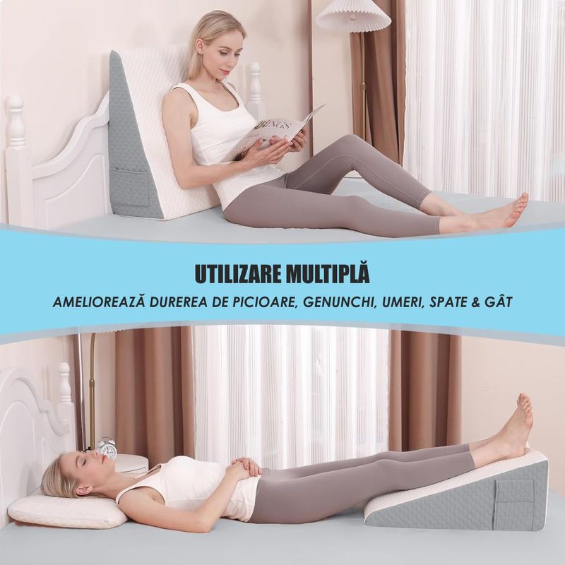 Casa si Gradina - Textile si covoare - Perne si pilote - Perne - Perna Suport cu Plan Inclinat din Spuma cu Memorie, Linomag®, Multifunctionala, Lavabila, Alb/Gri carbon, 61x61x25.5cm - Infinity.ro