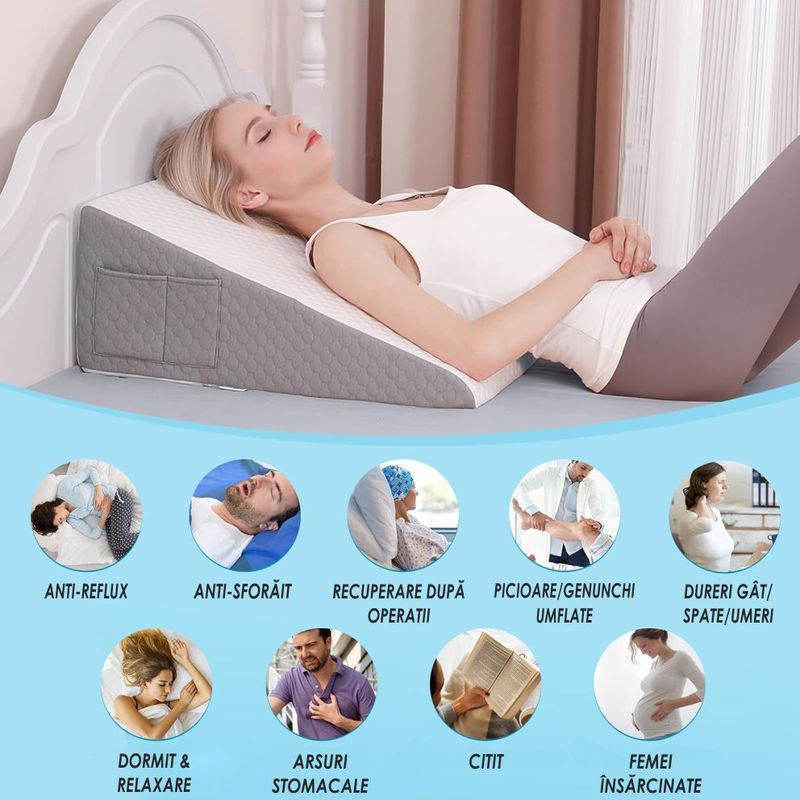 Casa si Gradina - Textile si covoare - Perne si pilote - Perne - Perna Suport cu Plan Inclinat din Spuma cu Memorie, Linomag®, Multifunctionala, Lavabila, Alb/Gri carbon, 61x61x25.5cm - Infinity.ro