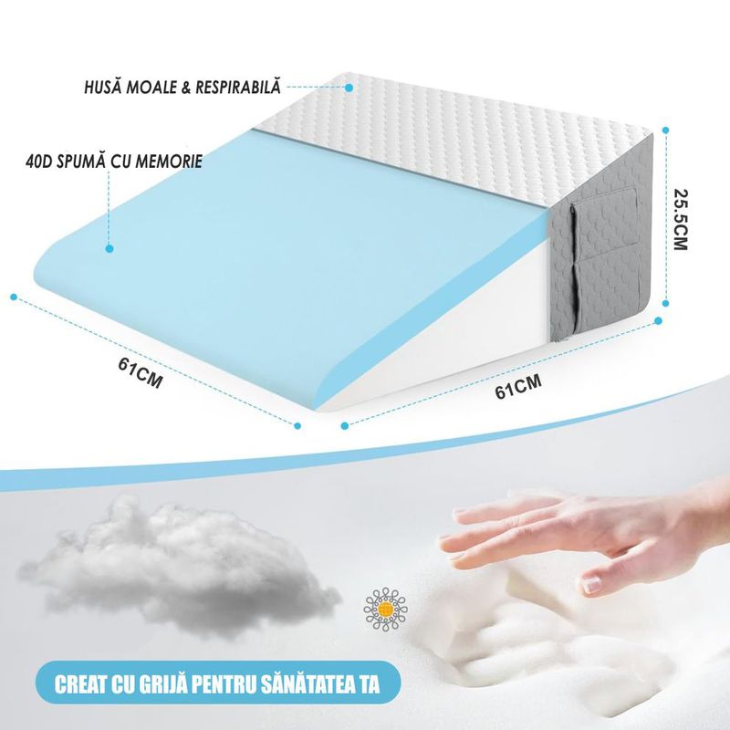 Casa si Gradina - Textile si covoare - Perne si pilote - Perne - Perna Suport cu Plan Inclinat din Spuma cu Memorie, Linomag®, Multifunctionala, Lavabila, Alb/Gri carbon, 61x61x25.5cm - Infinity.ro