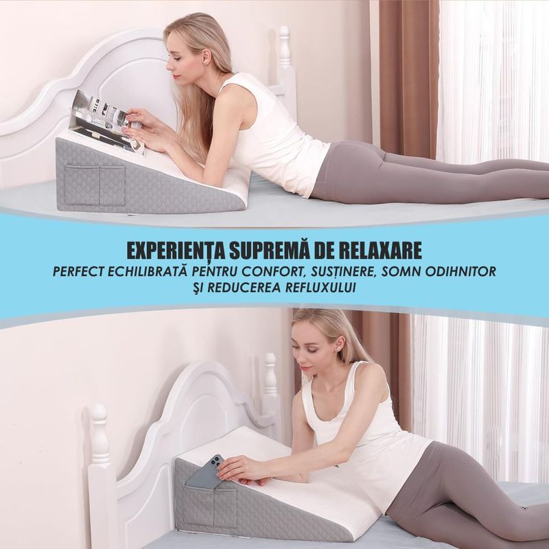 Casa si Gradina - Textile si covoare - Perne si pilote - Perne - Perna Suport cu Plan Inclinat din Spuma cu Memorie, Linomag®, Multifunctionala, Lavabila, Alb/Gri carbon, 61x61x25.5cm - Infinity.ro