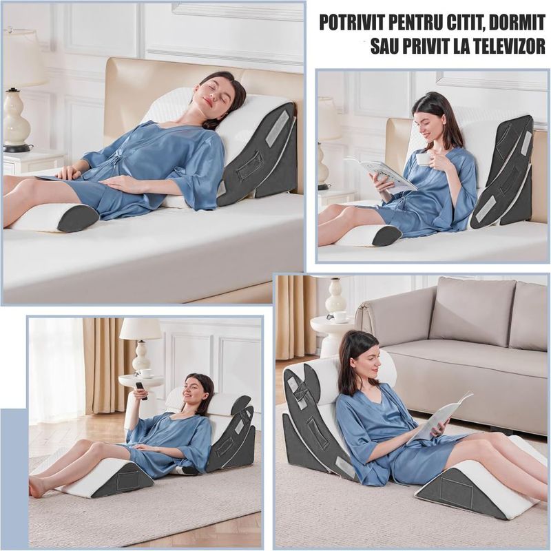 Casa si Gradina - Textile si covoare - Perne si pilote - Perne - Set 4 Perne Ortopedice Reglabile Linomag®, Spuma memorie, Suport complet, Husa lavabila, Alb/Gri inchis - Infinity.ro