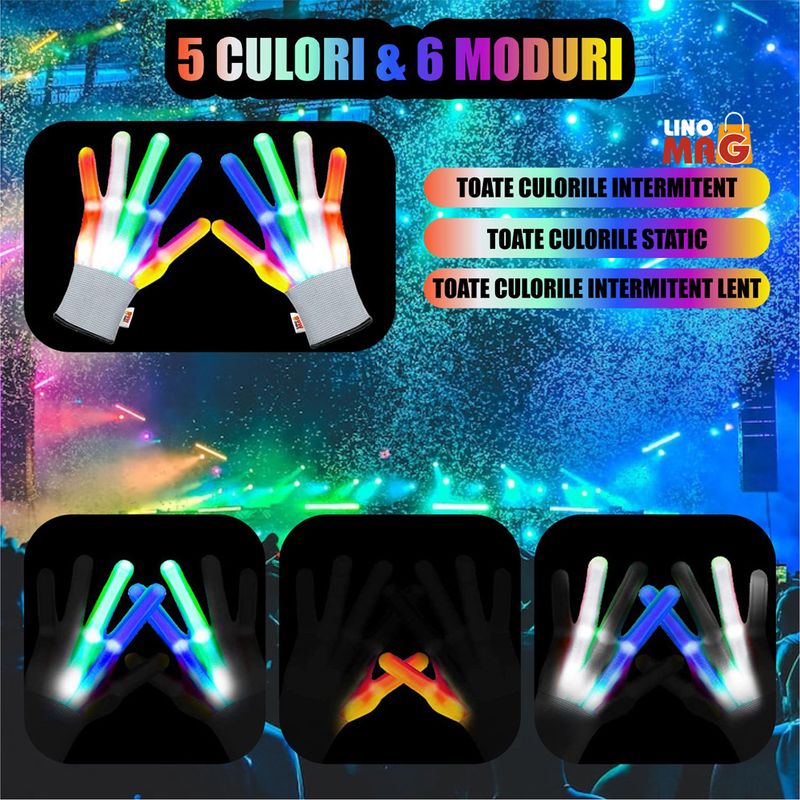 Casa si Gradina - Decoratiuni - Decoratiuni petrecere - Masti si costume carnaval - Manusi LED pentru adulti, Linomag®, 5 culori / 6 moduri de iluminare, Multicolor - Infinity.ro