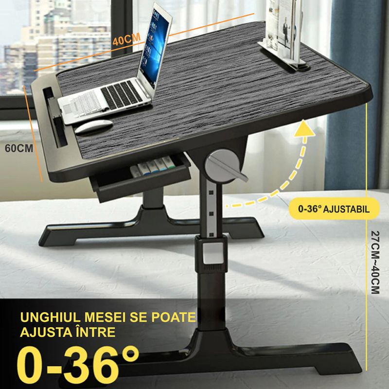 Laptop, Telefoane si Tablete - Laptopuri si accesorii - Accesorii Laptop - Standuri/Coolere notebook - Stand laptop tip masuta Linomag®, reglabil, pliabil, suport carte/tableta, sertar, 60x40cmx27cm, Negru/Gri - Infinity.ro