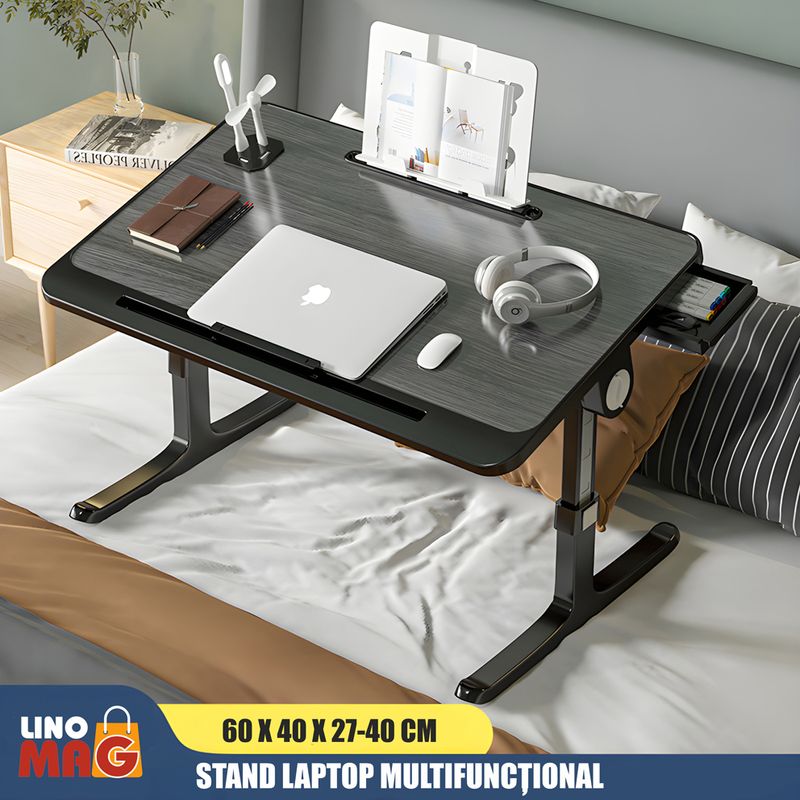 Laptop, Telefoane si Tablete - Laptopuri si accesorii - Accesorii Laptop - Standuri/Coolere notebook - Stand laptop tip masuta Linomag®, reglabil, pliabil, suport carte/tableta, sertar, 60x40cmx27cm, Negru/Gri - Infinity.ro