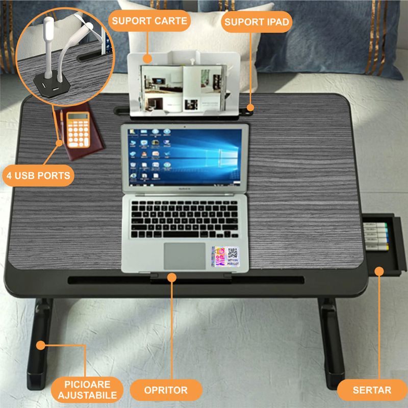 Laptop, Telefoane si Tablete - Laptopuri si accesorii - Accesorii Laptop - Standuri/Coolere notebook - Stand laptop tip masuta Linomag®, reglabil, pliabil, suport carte/tableta, sertar, 60x40cmx27cm, Negru/Gri - Infinity.ro