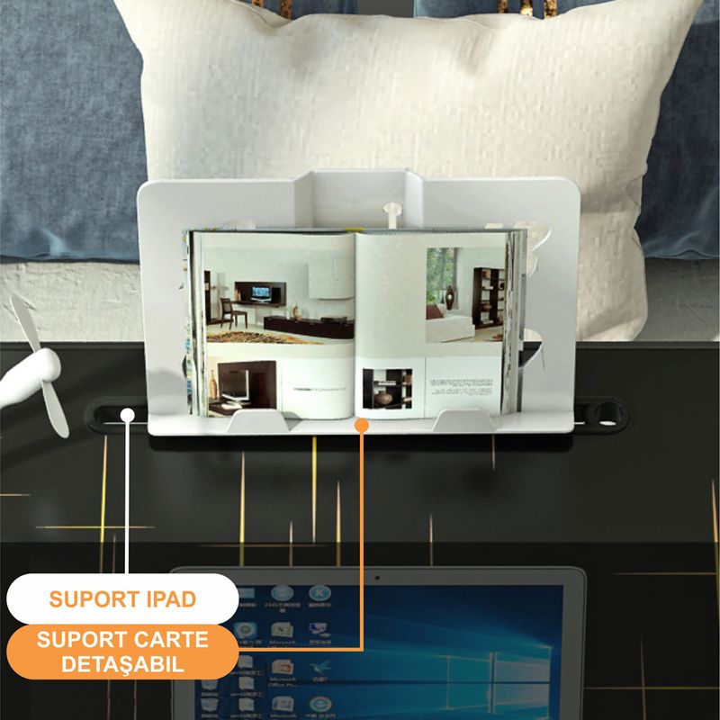 Laptop, Telefoane si Tablete - Laptopuri si accesorii - Accesorii Laptop - Standuri/Coolere notebook - Stand laptop tip masuta, reglabil, pliabil, 60x40cm, suport carte/tableta, sertar depozitare, Negru cu insertii aurii - Infinity.ro