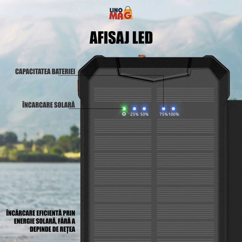 Laptop, Telefoane si Tablete - Telefoane mobile si accesorii - Accesorii Telefoane - Baterii externe - Baterie Externa Solara Linomag® 8000 mAh, 4 panouri, cabluri incluse, waterproof, Negru mat, 11.4x6.8 cm - Infinity.ro