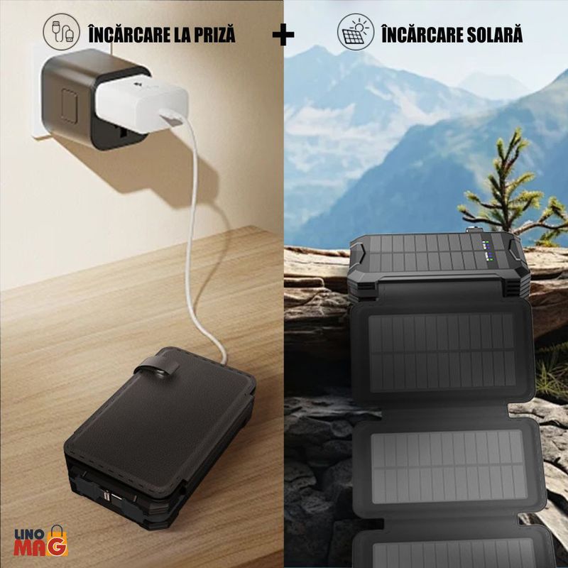 Laptop, Telefoane si Tablete - Telefoane mobile si accesorii - Accesorii Telefoane - Baterii externe - Baterie Externa Solara Linomag® 8000 mAh, 4 panouri, cabluri incluse, waterproof, Negru mat, 11.4x6.8 cm - Infinity.ro