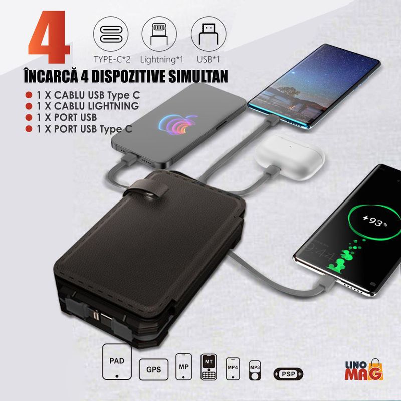 Laptop, Telefoane si Tablete - Telefoane mobile si accesorii - Accesorii Telefoane - Baterii externe - Baterie Externa Solara Linomag® 8000 mAh, 4 panouri, cabluri incluse, waterproof, Negru mat, 11.4x6.8 cm - Infinity.ro