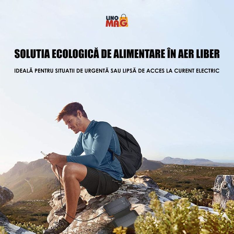 Laptop, Telefoane si Tablete - Telefoane mobile si accesorii - Accesorii Telefoane - Baterii externe - Baterie Externa Solara Linomag® 8000 mAh, 4 panouri, cabluri incluse, waterproof, Negru mat, 11.4x6.8 cm - Infinity.ro