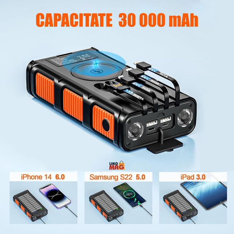 Laptop, Telefoane si Tablete - Telefoane mobile si accesorii - Accesorii Telefoane - Baterii externe - Baterie Externa Solara Linomag®, Power Bank 30000 mAh, 4 porturi, Wireless, Busola & Lanterna, Waterproof, Negru/Oranj - Infinity.ro