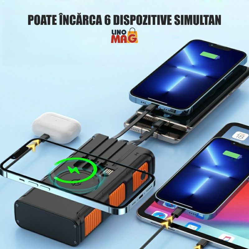 Laptop, Telefoane si Tablete - Telefoane mobile si accesorii - Accesorii Telefoane - Baterii externe - Baterie Externa Solara Linomag®, Power Bank 30000 mAh, 4 porturi, Wireless, Busola & Lanterna, Waterproof, Negru/Oranj - Infinity.ro