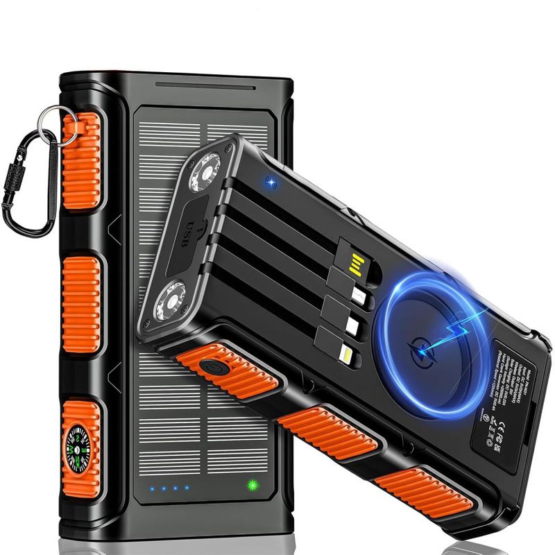 Laptop, Telefoane si Tablete - Telefoane mobile si accesorii - Accesorii Telefoane - Baterii externe - Baterie Externa Solara Linomag®, Power Bank 30000 mAh, 4 porturi, Wireless, Busola & Lanterna, Waterproof, Negru/Oranj - Infinity.ro
