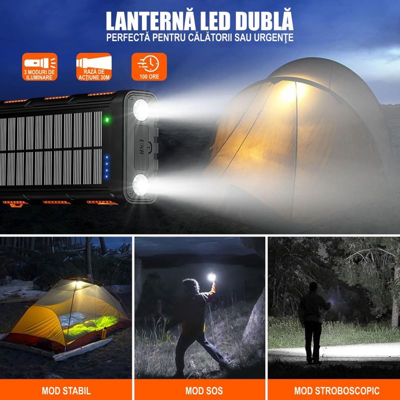 Laptop, Telefoane si Tablete - Telefoane mobile si accesorii - Accesorii Telefoane - Baterii externe - Baterie Externa Solara Linomag®, Power Bank 30000 mAh, 4 porturi, Wireless, Busola & Lanterna, Waterproof, Negru/Oranj - Infinity.ro
