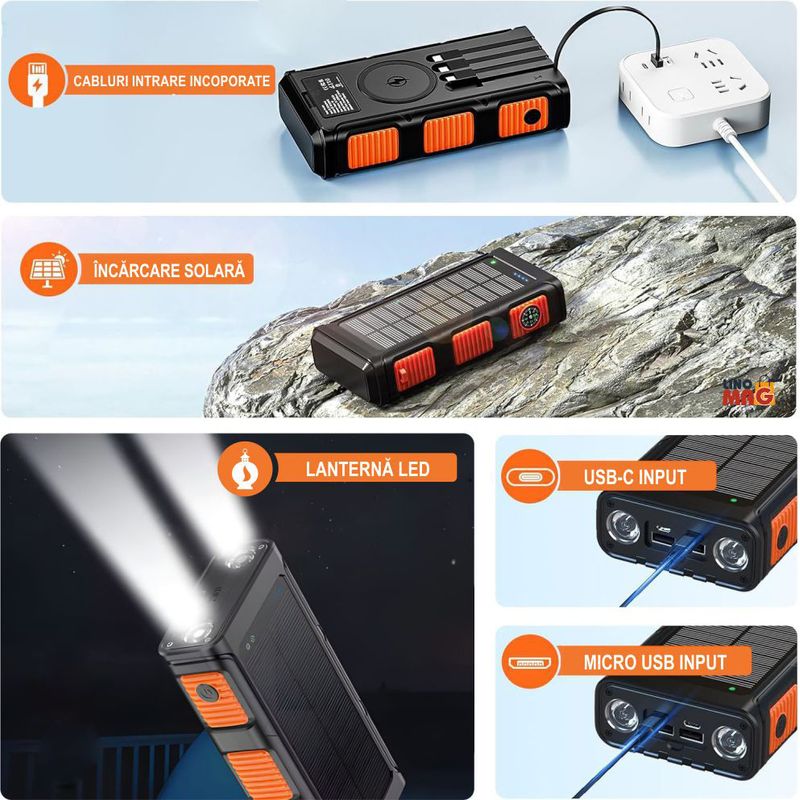 Laptop, Telefoane si Tablete - Telefoane mobile si accesorii - Accesorii Telefoane - Baterii externe - Baterie Externa Solara Linomag®, Power Bank 30000 mAh, 4 porturi, Wireless, Busola & Lanterna, Waterproof, Negru/Oranj - Infinity.ro