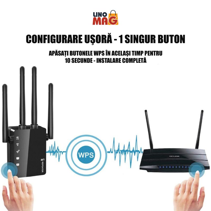 PC, gaming si accesorii - Retelistica - Wireless - Adaptoare wireless - Amplificator Semnal WiFi Linomag®, Dual Band 2.4/5GHz, 1200Mbps, 4 antene, 2xLAN, 240m², Range Extender, Negru - Infinity.ro