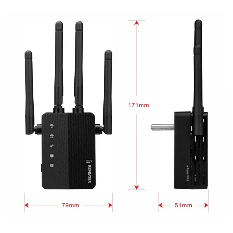 PC, gaming si accesorii - Retelistica - Wireless - Adaptoare wireless - Amplificator Semnal WiFi Linomag®, Dual Band 2.4/5GHz, 1200Mbps, 4 antene, 2xLAN, 240m², Range Extender, Negru - Infinity.ro