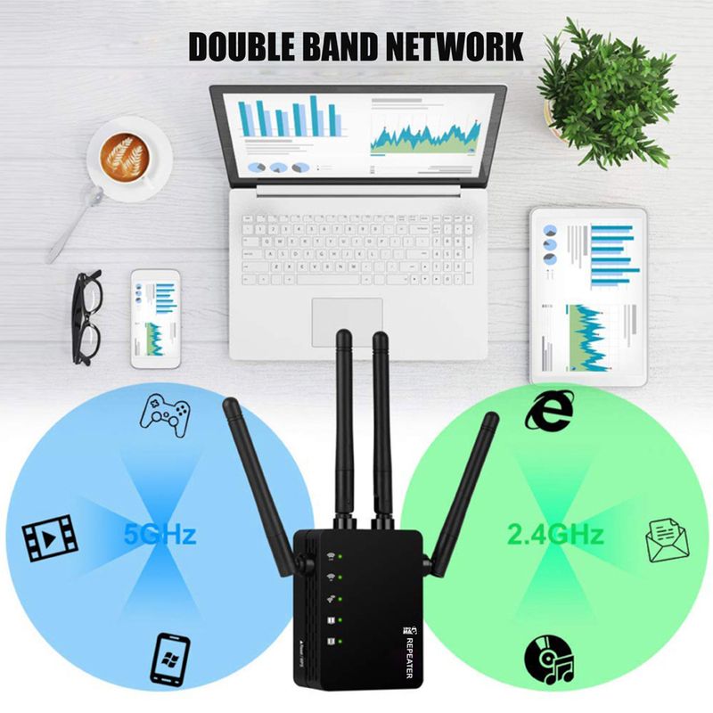 PC, gaming si accesorii - Retelistica - Wireless - Adaptoare wireless - Amplificator Semnal WiFi Linomag®, Dual Band 2.4/5GHz, 1200Mbps, 4 antene, 2xLAN, 240m², Range Extender, Negru - Infinity.ro