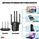 PC, gaming si accesorii - Retelistica - Wireless - Adaptoare wireless - Amplificator Semnal WiFi Linomag®, Dual Band 2.4/5GHz, 1200Mbps, 4 antene, 2xLAN, 240m², Range Extender, Negru - Infinity.ro