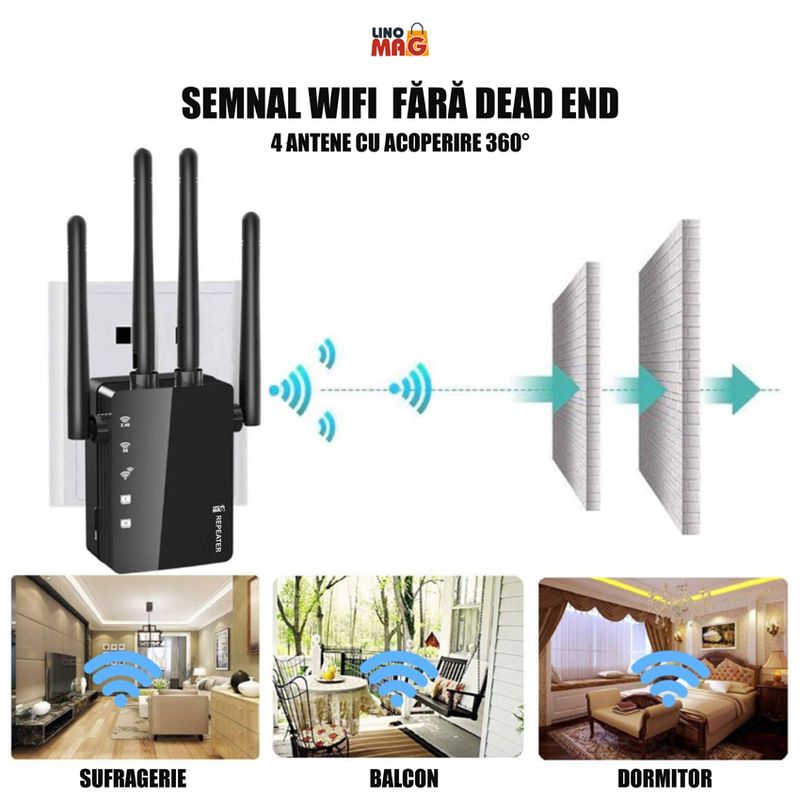 PC, gaming si accesorii - Retelistica - Wireless - Adaptoare wireless - Amplificator Semnal WiFi Linomag®, Dual Band 2.4/5GHz, 1200Mbps, 4 antene, 2xLAN, 240m², Range Extender, Negru - Infinity.ro