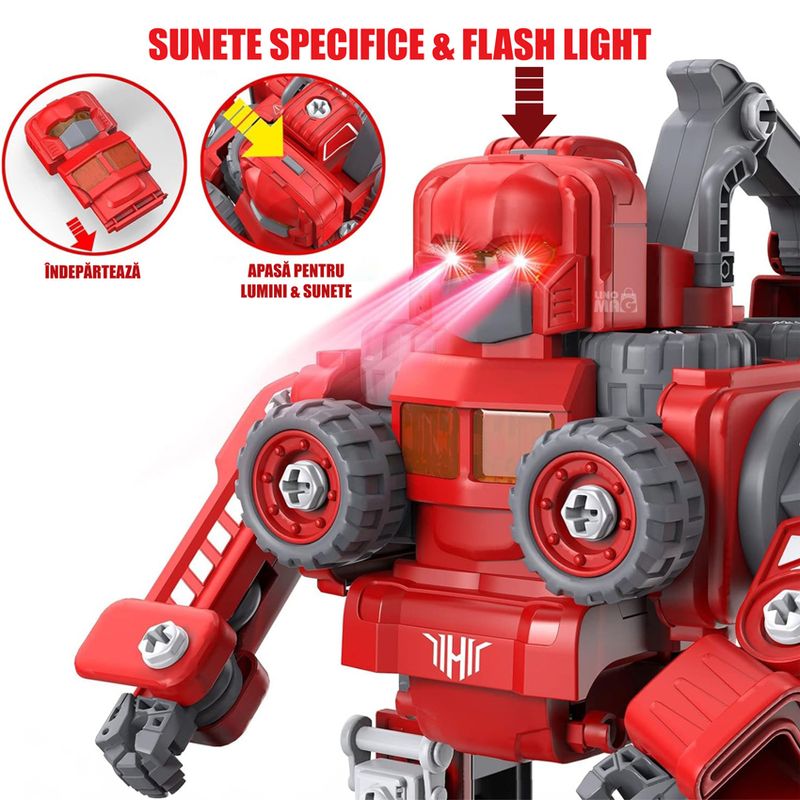 Jucarii, Copii si Bebe - Jucarii si jocuri - Vehicule si jucarii cu telecomanda - Roboti de jucarie - Robot Transformer 5 in 1 Pompieri Linomag®, masini, surubelnita inclusa, +3 ani, rosu, 31.5x15.7x21.5cm - Infinity.ro
