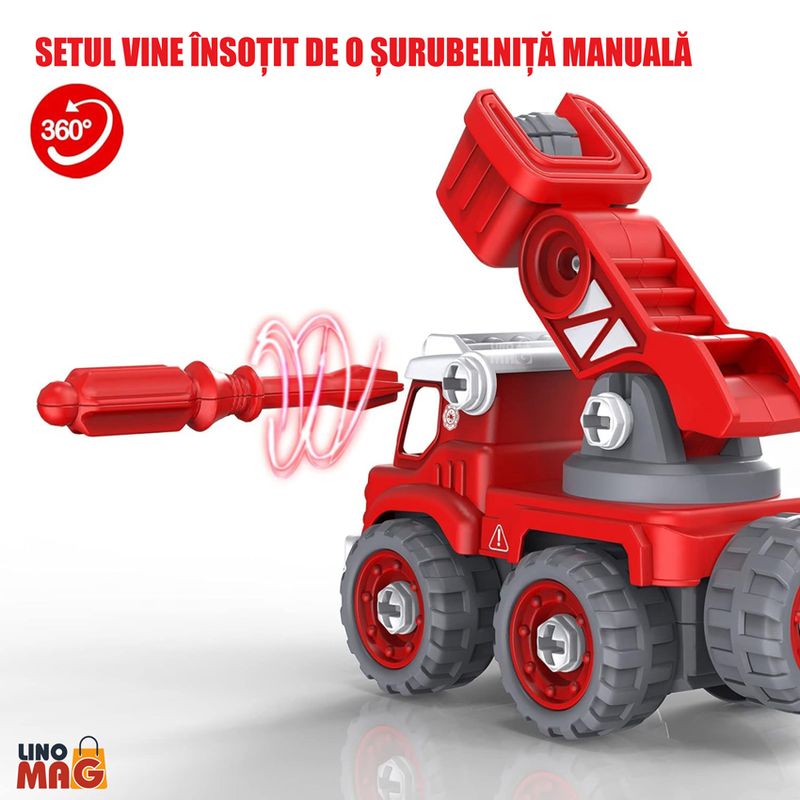 Jucarii, Copii si Bebe - Jucarii si jocuri - Vehicule si jucarii cu telecomanda - Roboti de jucarie - Robot Transformer 5 in 1 Pompieri Linomag®, masini, surubelnita inclusa, +3 ani, rosu, 31.5x15.7x21.5cm - Infinity.ro