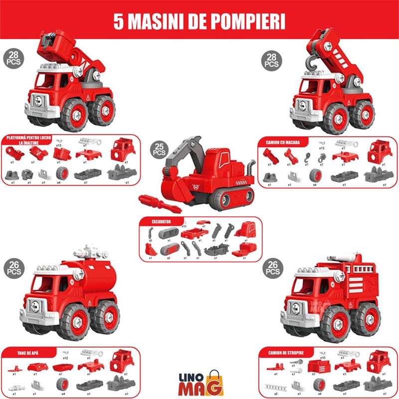 Jucarii, Copii si Bebe - Jucarii si jocuri - Vehicule si jucarii cu telecomanda - Roboti de jucarie - Robot Transformer 5 in 1 Pompieri Linomag®, masini, surubelnita inclusa, +3 ani, rosu, 31.5x15.7x21.5cm - Infinity.ro