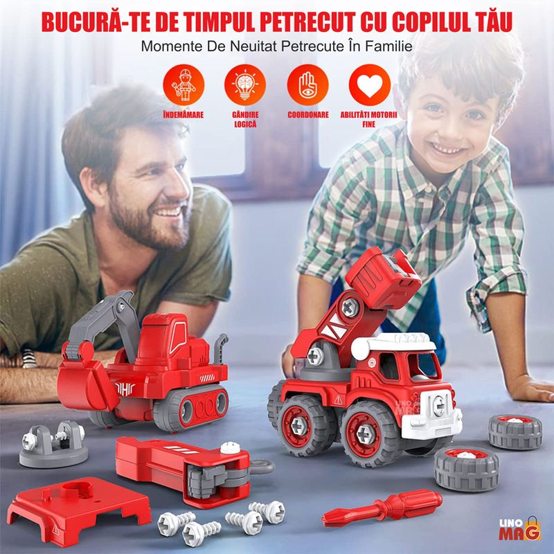 Jucarii, Copii si Bebe - Jucarii si jocuri - Vehicule si jucarii cu telecomanda - Roboti de jucarie - Robot Transformer 5 in 1 Pompieri Linomag®, masini, surubelnita inclusa, +3 ani, rosu, 31.5x15.7x21.5cm - Infinity.ro