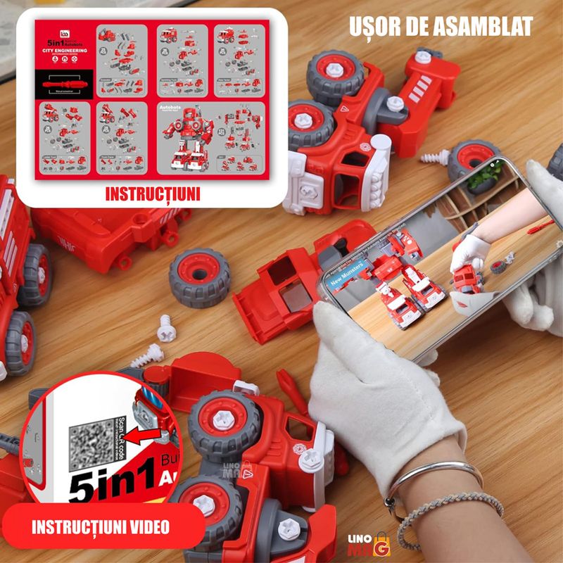 Jucarii, Copii si Bebe - Jucarii si jocuri - Vehicule si jucarii cu telecomanda - Roboti de jucarie - Robot Transformer 5 in 1 Pompieri Linomag®, masini, surubelnita inclusa, +3 ani, rosu, 31.5x15.7x21.5cm - Infinity.ro