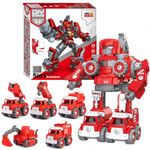 Jucarii, Copii si Bebe - Jucarii si jocuri - Vehicule si jucarii cu telecomanda - Roboti de jucarie - Robot Transformer 5 in 1 Pompieri Linomag®, masini, surubelnita inclusa, +3 ani, rosu, 31.5x15.7x21.5cm - Infinity.ro