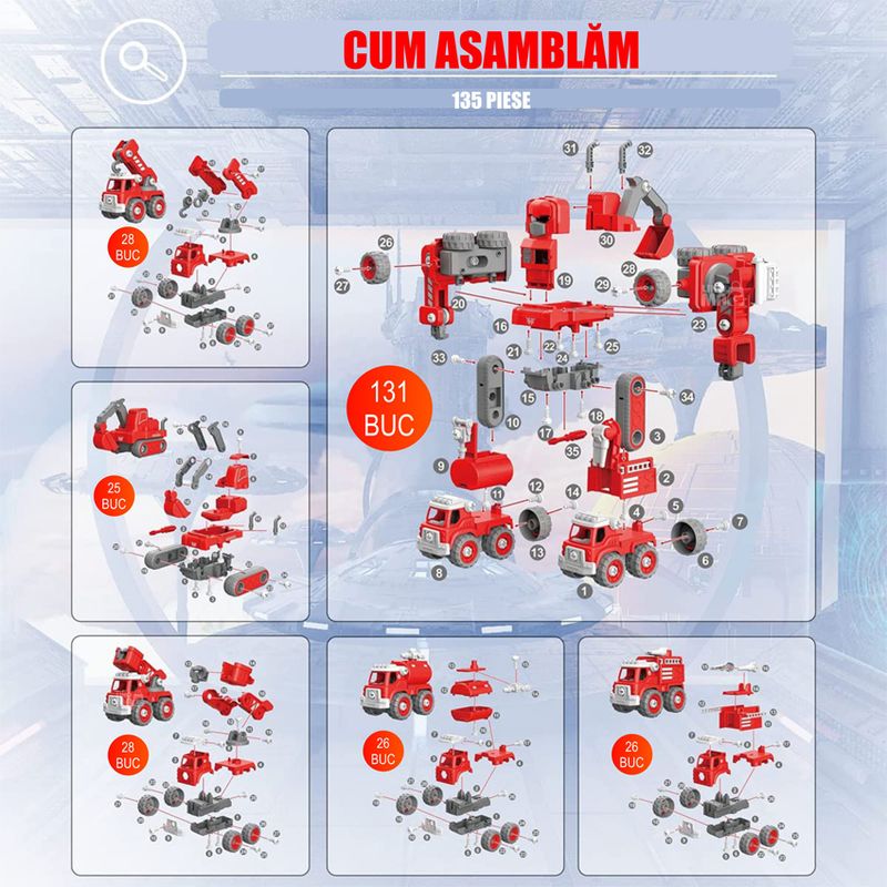 Jucarii, Copii si Bebe - Jucarii si jocuri - Vehicule si jucarii cu telecomanda - Roboti de jucarie - Robot Transformer 5 in 1 Pompieri Linomag®, masini, surubelnita inclusa, +3 ani, rosu, 31.5x15.7x21.5cm - Infinity.ro