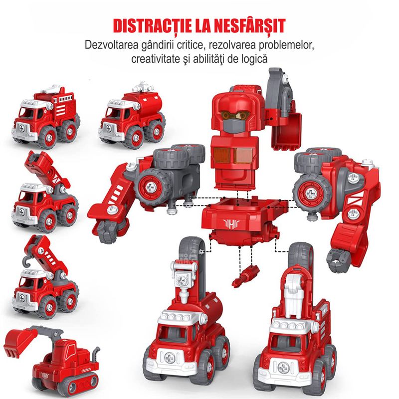 Jucarii, Copii si Bebe - Jucarii si jocuri - Vehicule si jucarii cu telecomanda - Roboti de jucarie - Robot Transformer 5 in 1 Pompieri Linomag®, masini, surubelnita inclusa, +3 ani, rosu, 31.5x15.7x21.5cm - Infinity.ro
