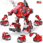 Jucarii, Copii si Bebe - Jucarii si jocuri - Vehicule si jucarii cu telecomanda - Roboti de jucarie - Robot Transformer 5 in 1 Pompieri Linomag®, masini, surubelnita inclusa, +3 ani, rosu, 31.5x15.7x21.5cm - Infinity.ro