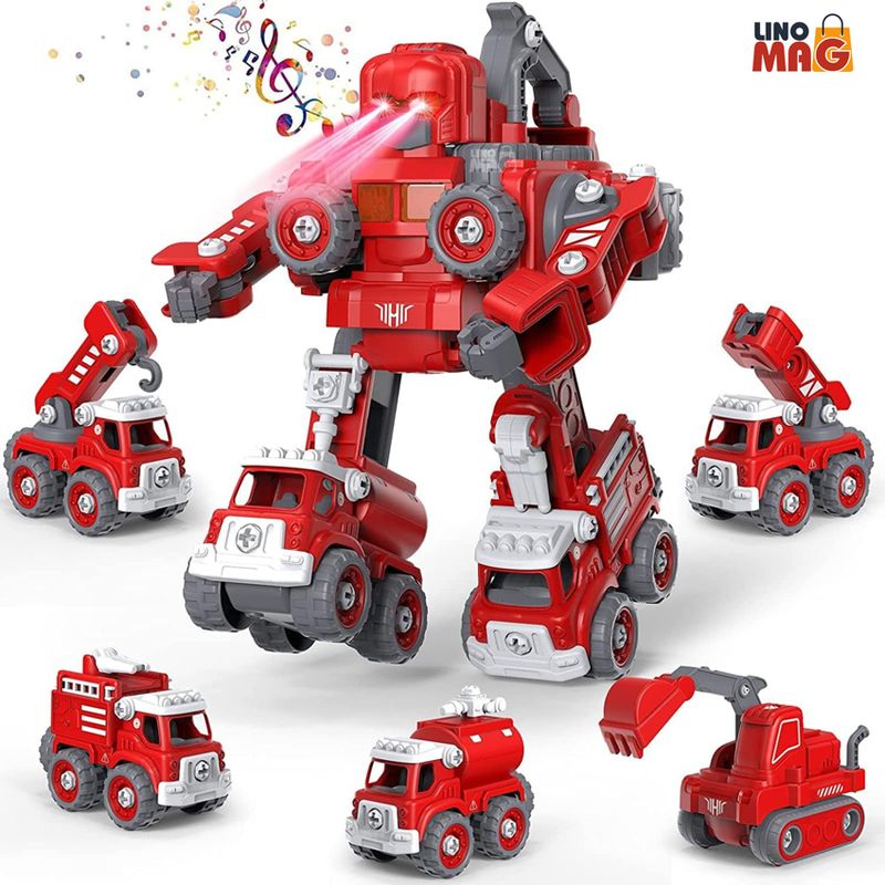 Jucarii, Copii si Bebe - Jucarii si jocuri - Vehicule si jucarii cu telecomanda - Roboti de jucarie - Robot Transformer 5 in 1 Pompieri Linomag®, masini, surubelnita inclusa, +3 ani, rosu, 31.5x15.7x21.5cm - Infinity.ro