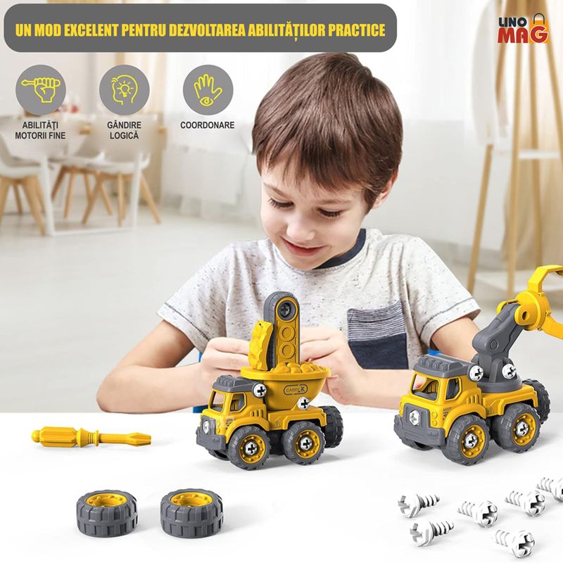 Jucarii, Copii si Bebe - Jucarii si jocuri - Vehicule si jucarii cu telecomanda - Roboti de jucarie - Robot Transformer 5 in 1 Constructii Linomag®, utilaje, surubelnita inclusa, +3 ani, galben, 29x15.7x23cm - Infinity.ro