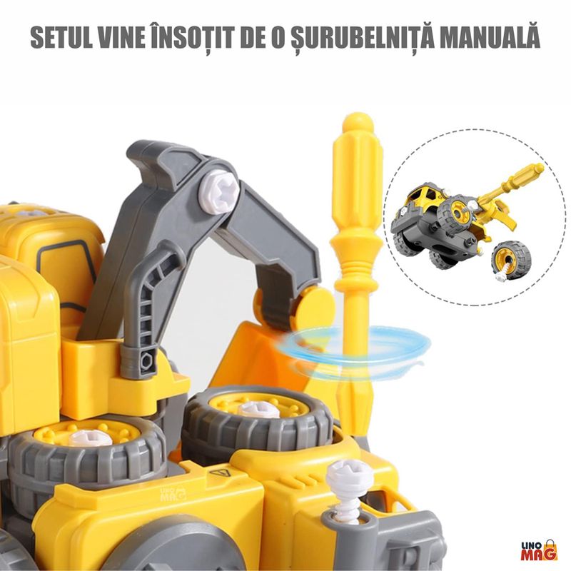 Jucarii, Copii si Bebe - Jucarii si jocuri - Vehicule si jucarii cu telecomanda - Roboti de jucarie - Robot Transformer 5 in 1 Constructii Linomag®, utilaje, surubelnita inclusa, +3 ani, galben, 29x15.7x23cm - Infinity.ro