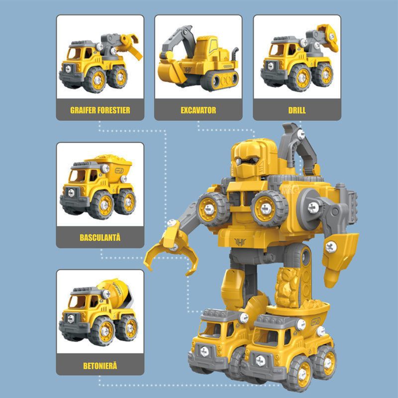 Jucarii, Copii si Bebe - Jucarii si jocuri - Vehicule si jucarii cu telecomanda - Roboti de jucarie - Robot Transformer 5 in 1 Constructii Linomag®, utilaje, surubelnita inclusa, +3 ani, galben, 29x15.7x23cm - Infinity.ro