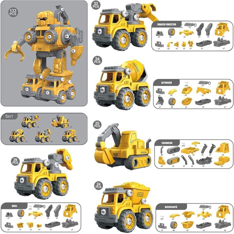 Jucarii, Copii si Bebe - Jucarii si jocuri - Vehicule si jucarii cu telecomanda - Roboti de jucarie - Robot Transformer 5 in 1 Constructii Linomag®, utilaje, surubelnita inclusa, +3 ani, galben, 29x15.7x23cm - Infinity.ro
