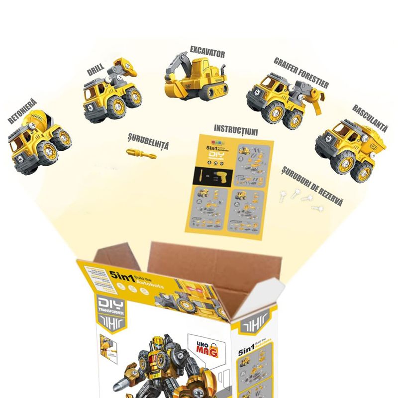 Jucarii, Copii si Bebe - Jucarii si jocuri - Vehicule si jucarii cu telecomanda - Roboti de jucarie - Robot Transformer 5 in 1 Constructii Linomag®, utilaje, surubelnita inclusa, +3 ani, galben, 29x15.7x23cm - Infinity.ro