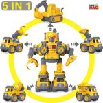 Jucarii, Copii si Bebe - Jucarii si jocuri - Vehicule si jucarii cu telecomanda - Roboti de jucarie - Robot Transformer 5 in 1 Constructii Linomag®, utilaje, surubelnita inclusa, +3 ani, galben, 29x15.7x23cm - Infinity.ro